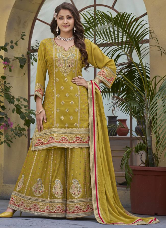 Pure Chinnon Yellow Eid Wear Embroidery Work Readymade Sharara Suit